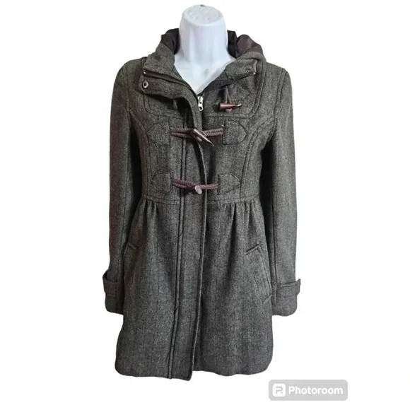 H&M Divided Gray Wool Blend Toggle Coat Hooded Y2K Academia Jacket Size 4 Preppy - Picture 2 of 7